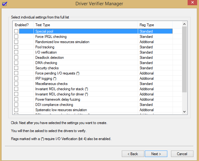 driver verifer manager settings your computer has a memory problem