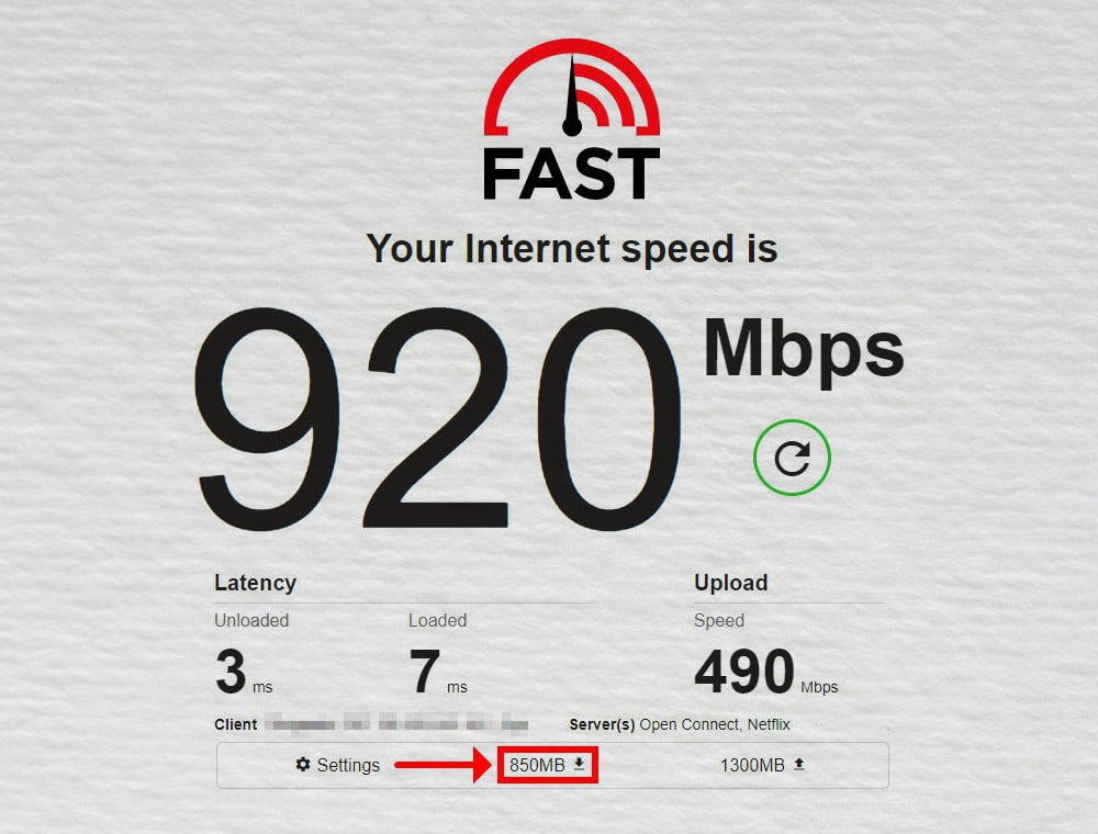 Fast.com shows Internet speed test results