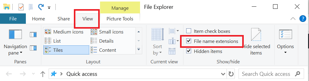 File Explorer - View - Show Hide - file Extension