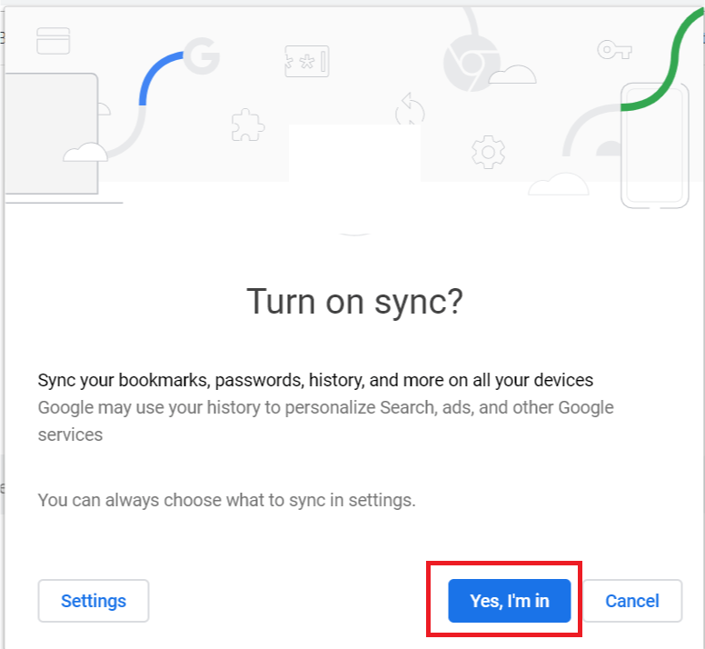 Google chrome Turn on Synch - Yes I am in