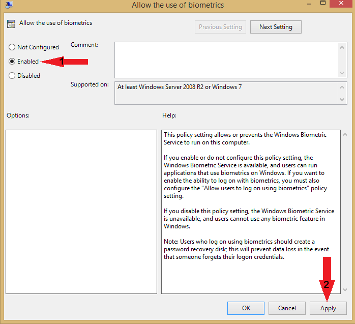 enable allow use of biometrics windows 10 face recognition not working