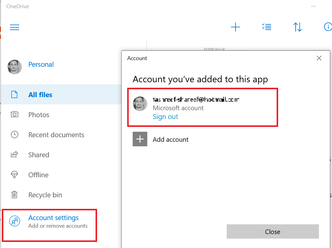 OneDrive - Account Settings - Signout