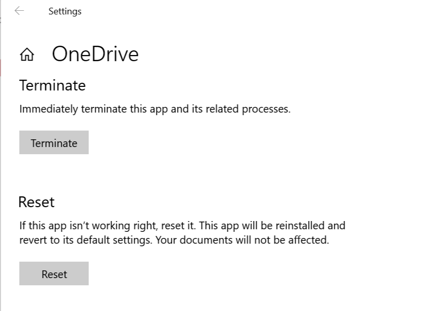 OneDrive- Reset- Terminate - WIndows 10