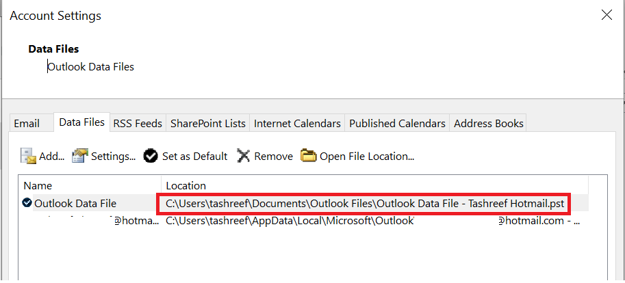 Outlook Data Files Location