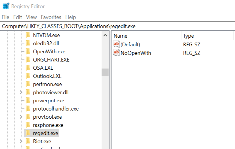 Regedit NoOpenWith Set associations for a program is blank