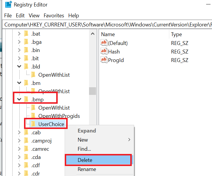 Registry Editor Delete UserChoice Set associations for a program is blank