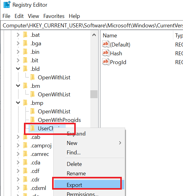 Registry Editor Export Userchoice Set associations for a program is grayed out