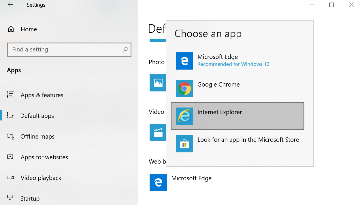 Settings - Change default browser Windows 10