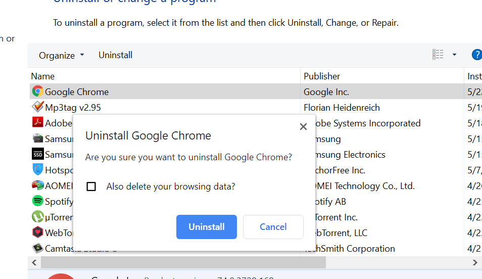 Uninstall Google Chrome without Deleting Browsing data