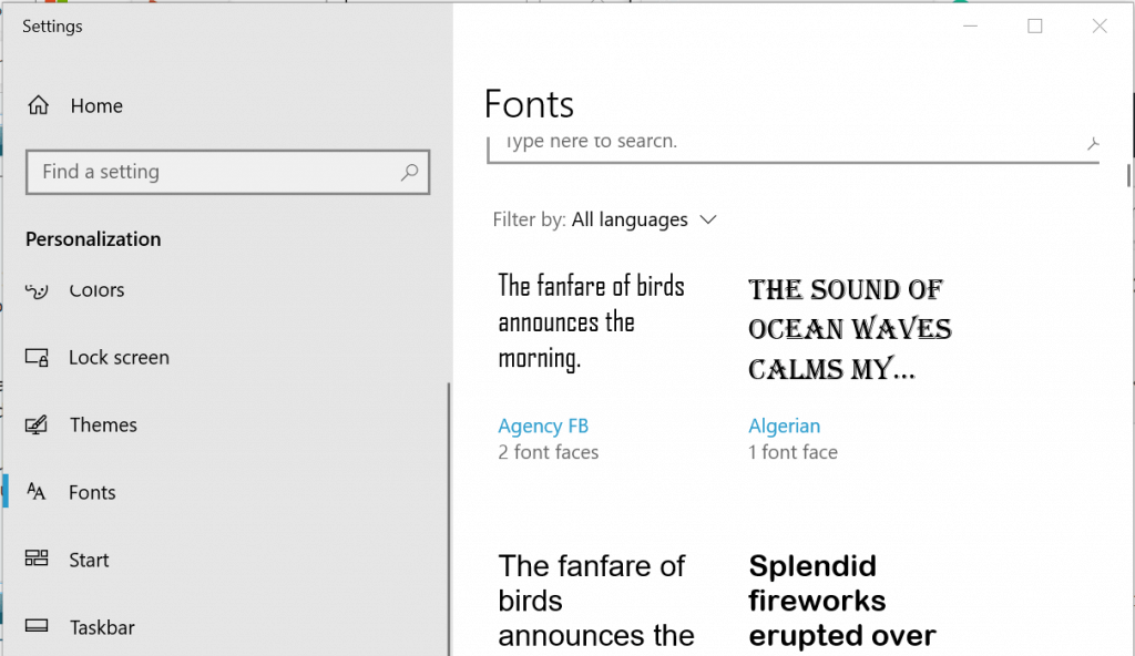 Windows 10 Fonts settings