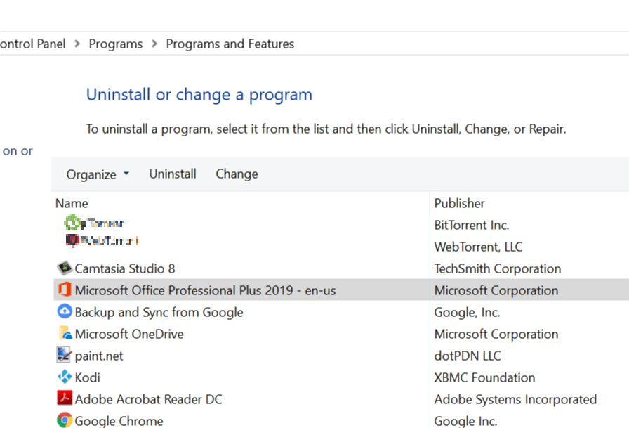 Windows 10 - Programs and Features - Uninstall- Office