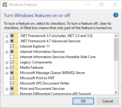 turn windows features in or off