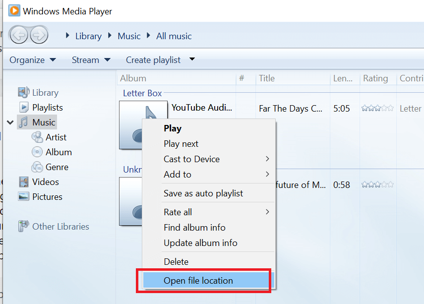 Windows Media Player Open File Location