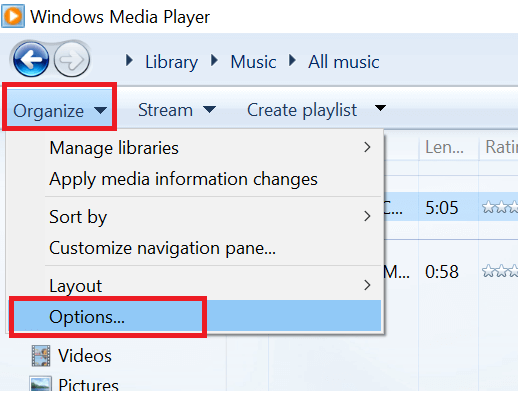 Windows Media Player - Organize - Options