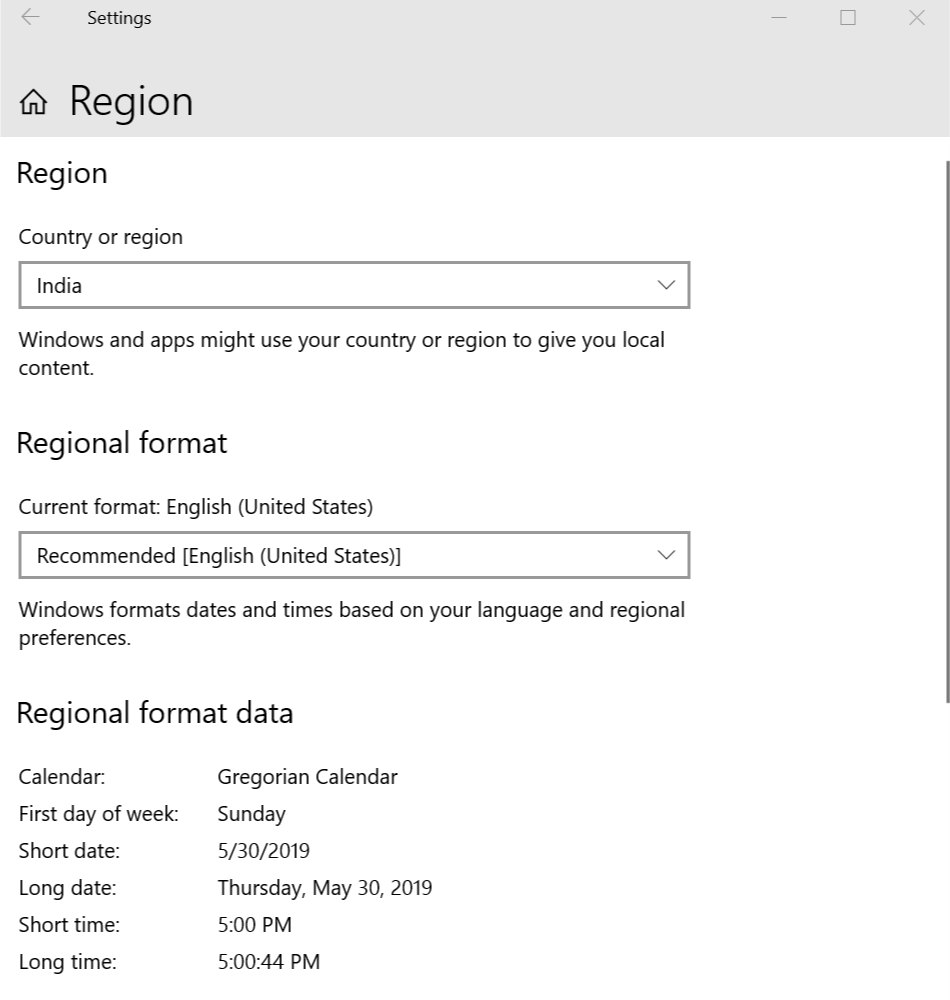 Windows Time and date regional Data format