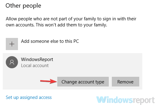 change account type settings app no sufficient privileges