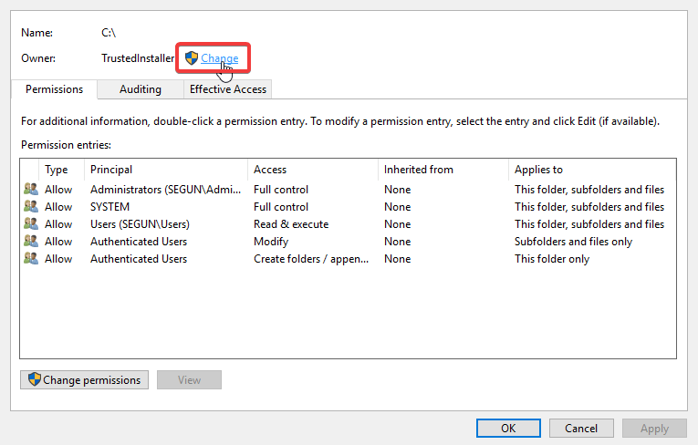change owner you have to invoke this utility running in elevated mode and make sure the disk is unlocked