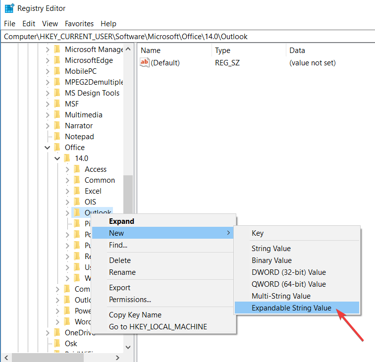 expandable string value registry editor change offline Outlook Data File (.ost) location 