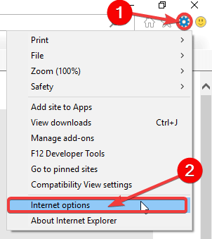 internet options IE add on for the website failed to run
