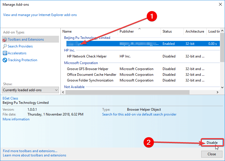 disable add on Internet Explorer add on for the website failed to run