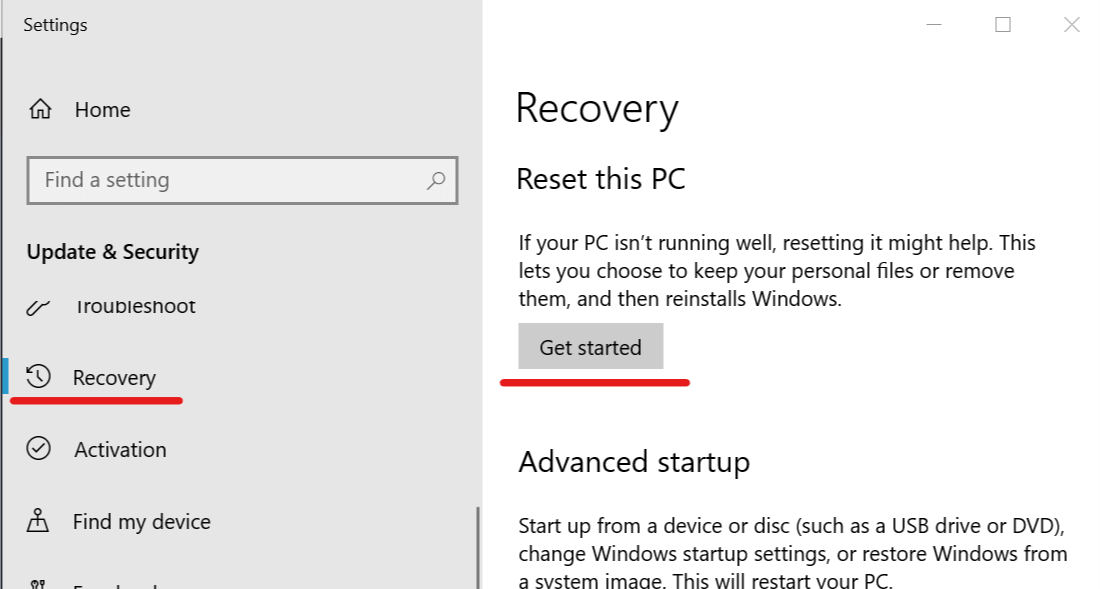 reset this pc the instruction at referenced memory windows 10