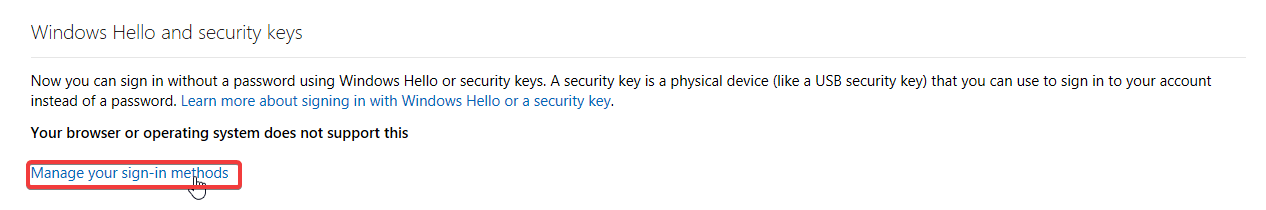 manage your sign-in methods your browser or operating system does not support this security key