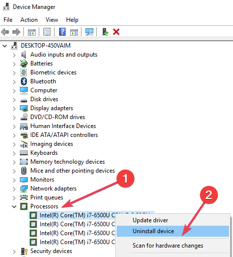device manager uninstall CPU 