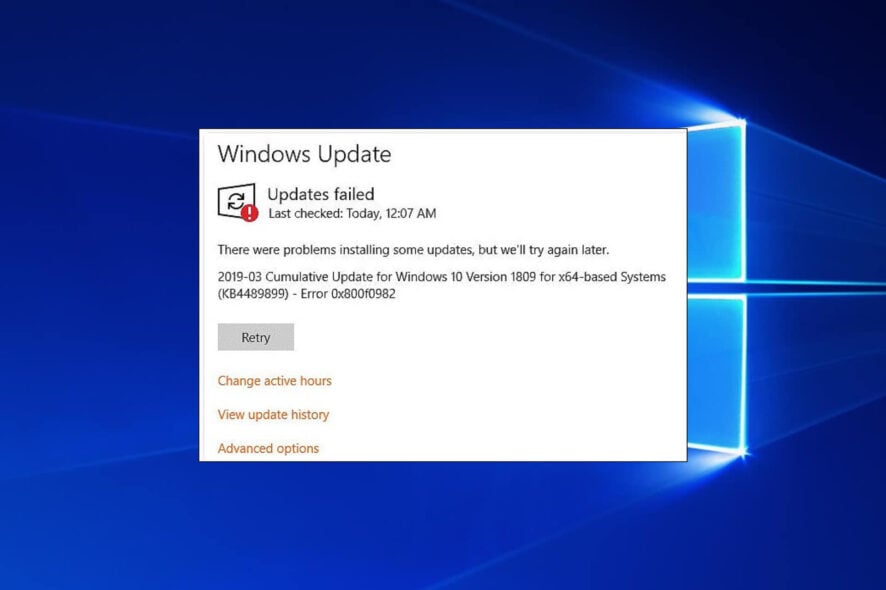 windows update error 0x800f0982 on windows 10 example