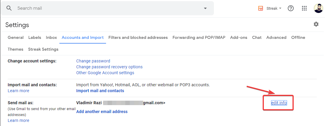 Accounts and imports option - Gmail email alias wrong