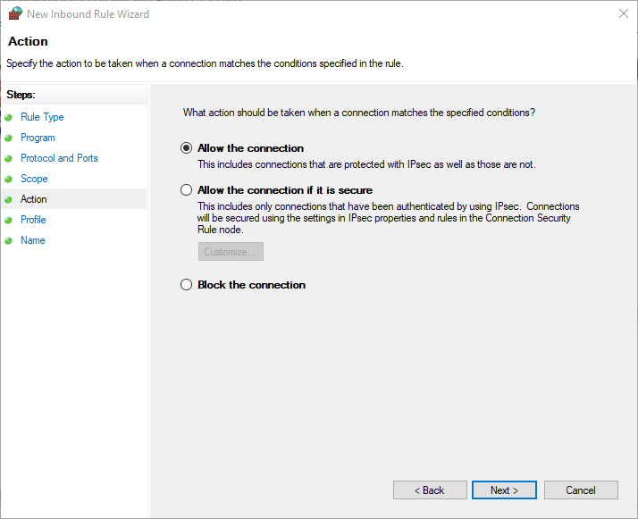 Allow the connection option windows firewall allow ip range