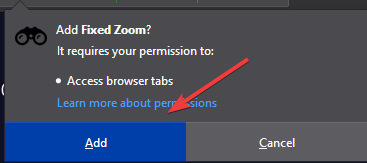 Add Extension to Firefox add button - browser does not fit window