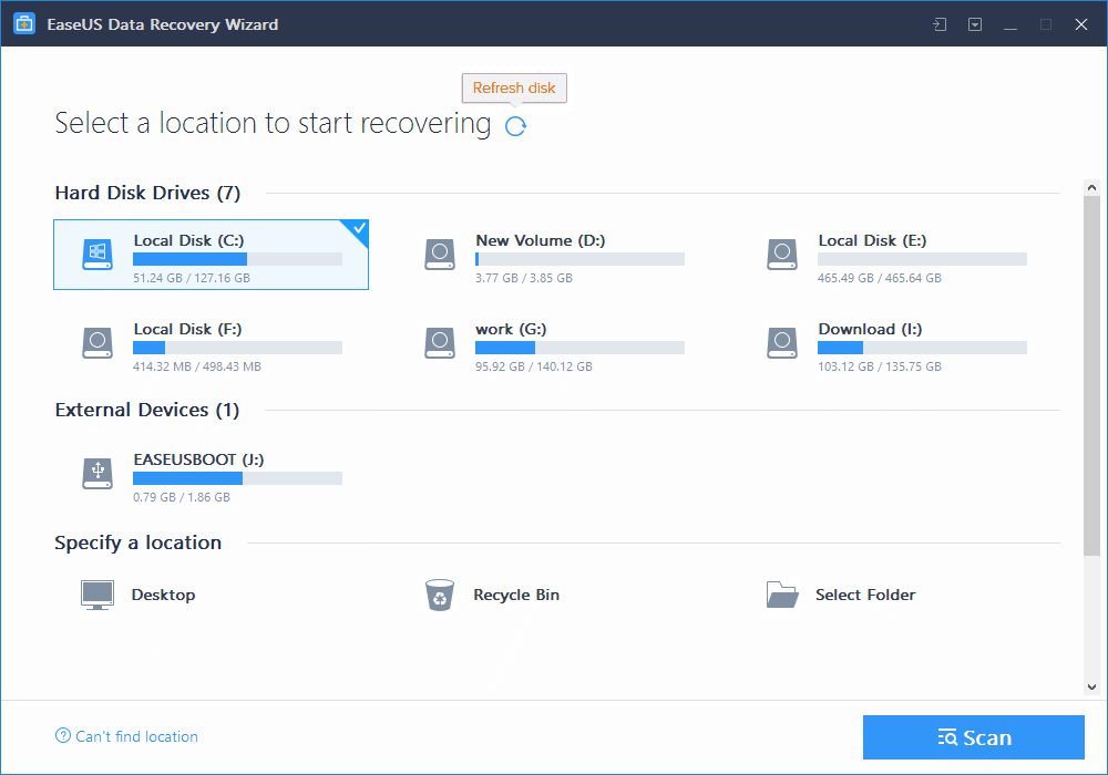 EaseUS Data Recovery Wizard window windows 10 deleted all my files