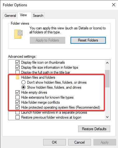 Folder options hidden files - Recovery drive is full