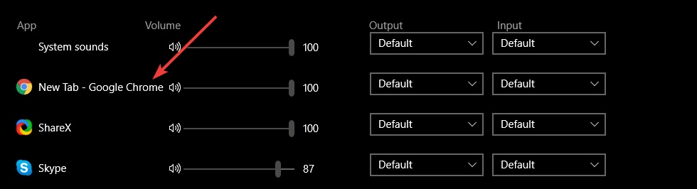 Individual output input settings for specific apps - Browser doesn't support output device selection