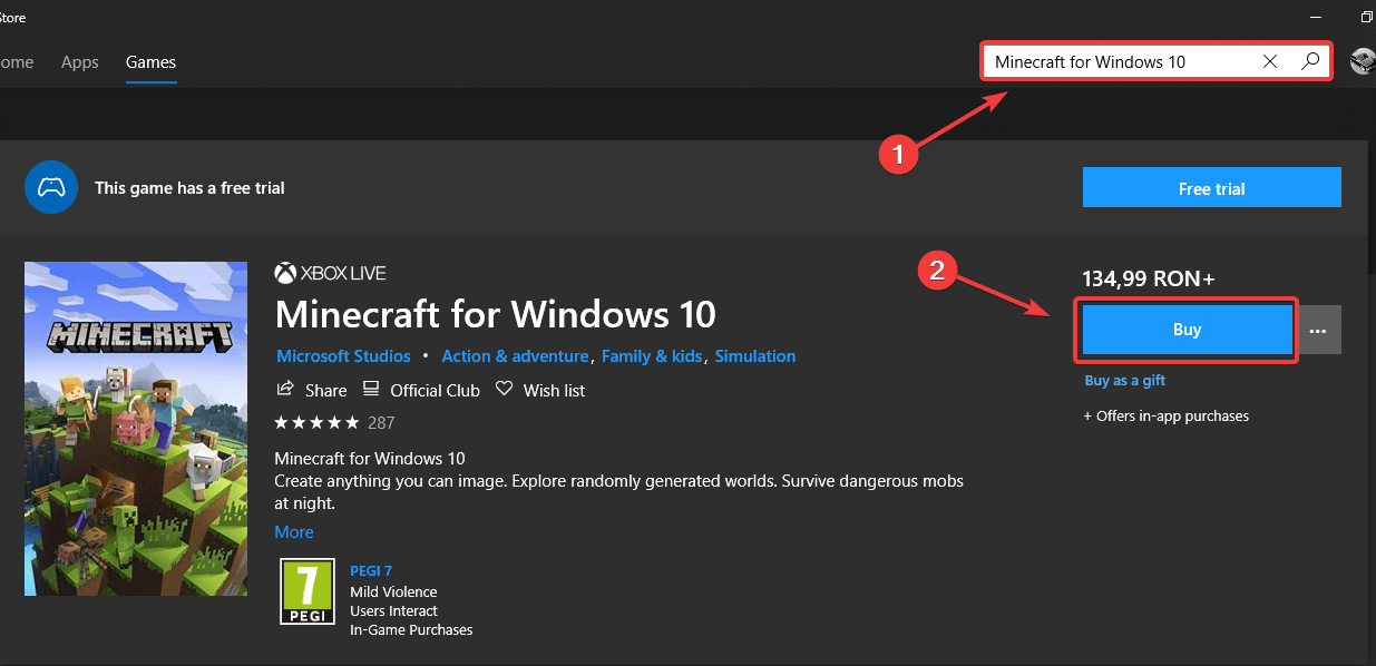 buy minecraft windows 10