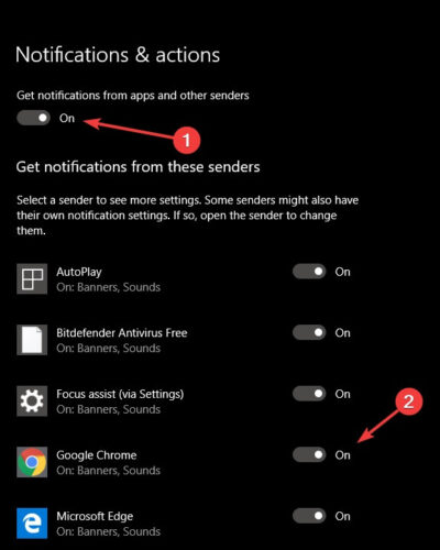 Notifications settings Windows 10 - Browser doesn't support desktop notifications