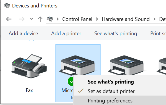 Printing preferences Control Panel