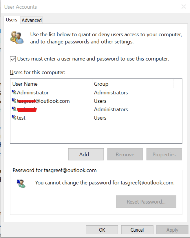 Remove the user account from control panel