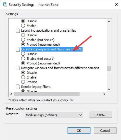 Security settings internet zone - browser doesn't support iframes