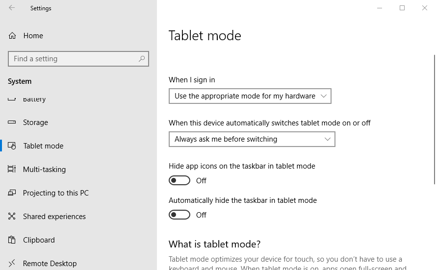 Tablet mode options how to recover toolbar in windows 10