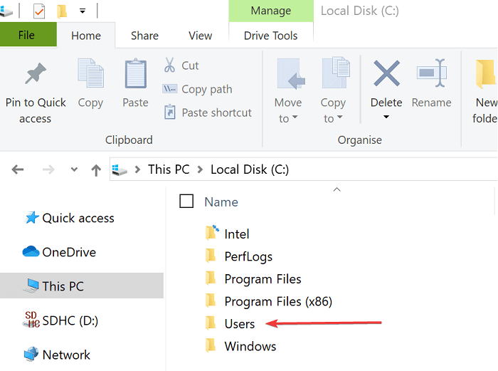 Navigate to the guest folder under local disk to recover guest account on windows 10