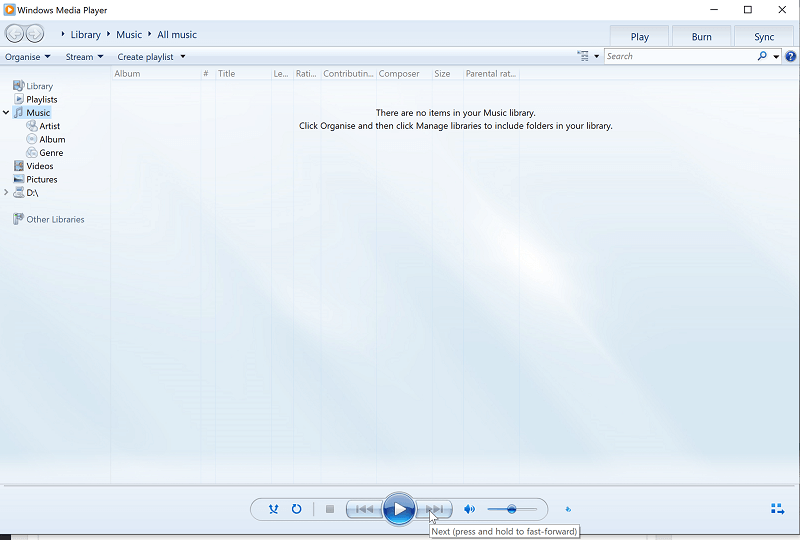 Press and hold on the Next button if windows media player cannot skip forward