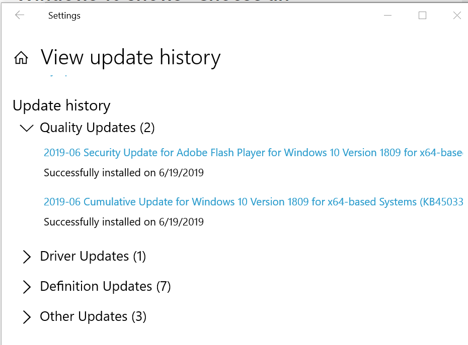 Check Update history for failed quality updates