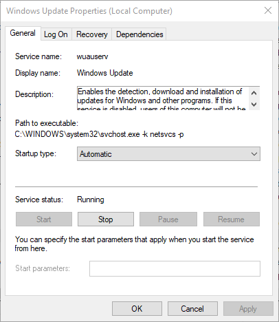 Windows Update Properties window windows 10 error 0x8007000e
