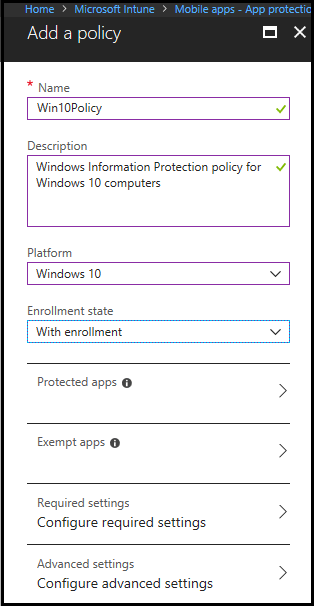 add a mobile app policy - windows information protection
