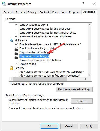 internet properties activate sound for webpages - Browser doesn't support changing volume