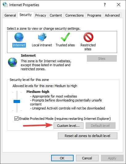 internet properties security options and custom level button - browser doesn't support iframes