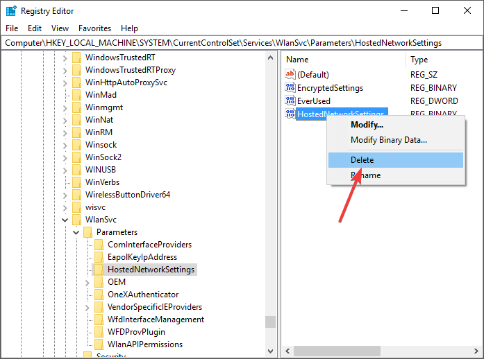 registry editor deleting value - Wireless card doesn't support Wi-Fi hotspot creation Windows 10