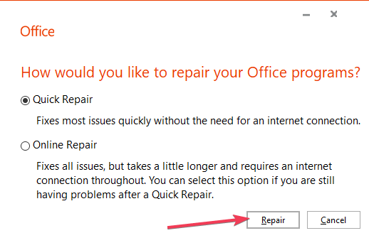office 365 repair feature