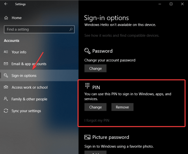 サインイン オプション ピン - ログイン セッションが指定されていません。  Windows 10で生産中止になった可能性があります。